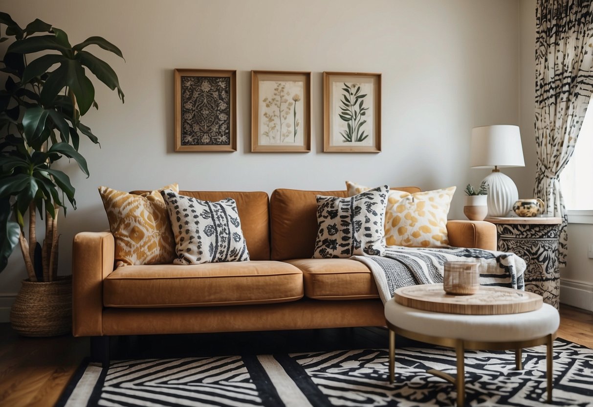 A room with a mix of bold patterns in decor, such as a geometric rug, floral throw pillows, and striped curtains