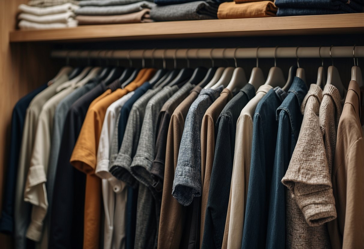 A closet with a small selection of versatile, mix-and-match clothing items neatly organized on hangers and shelves. A budget-friendly shopping bag sits nearby