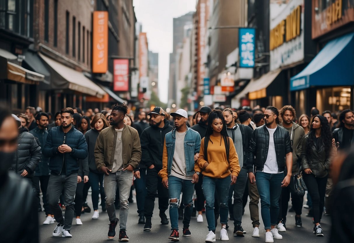 A crowded urban street with diverse people in trendy, casual clothing. Storefronts display popular streetwear brands. Graffiti and hip-hop music add to the scene