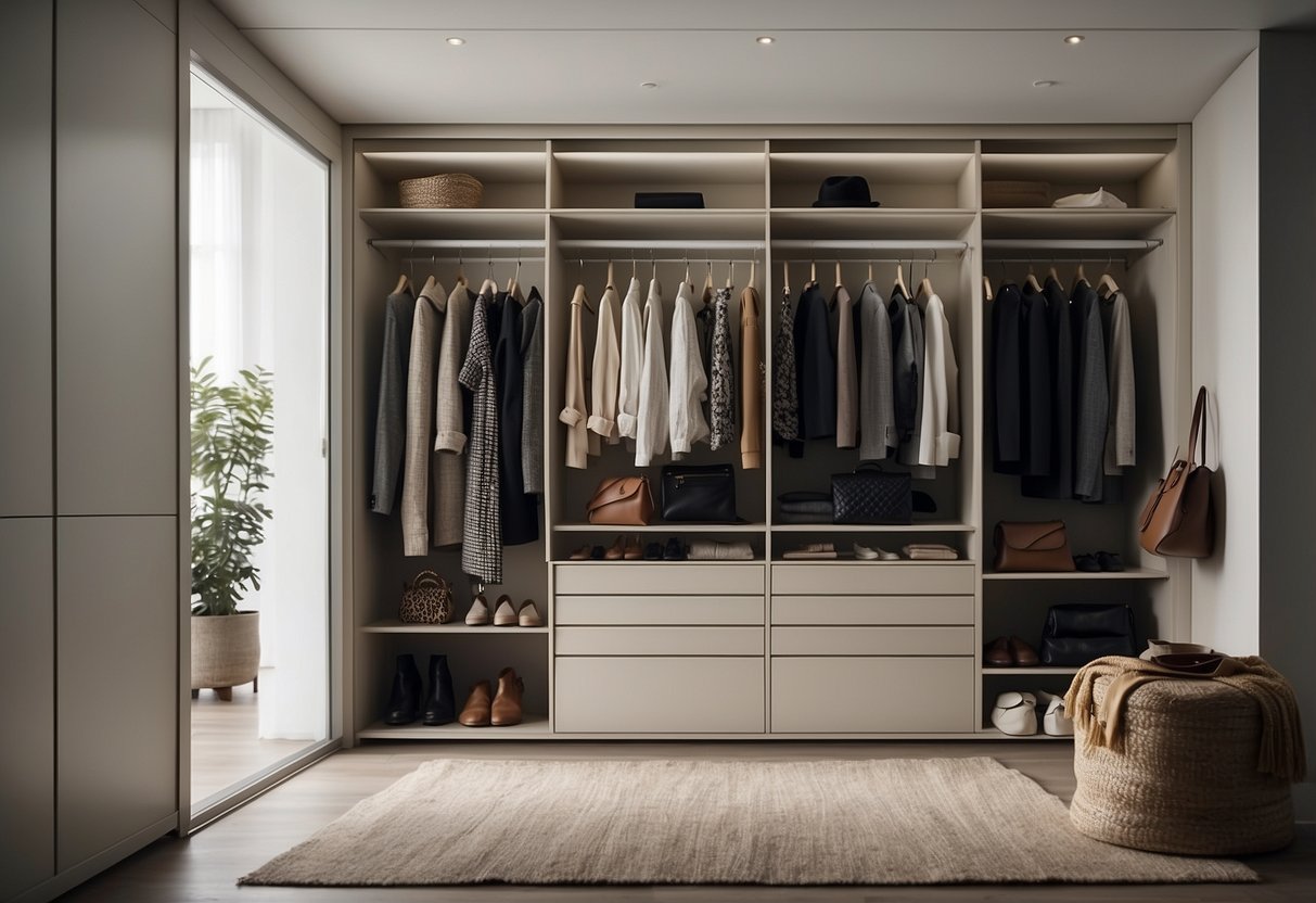 A minimalist closet with a few versatile, high-quality clothing items neatly organized in a small space. Neutral colors and classic pieces create a cohesive and functional wardrobe