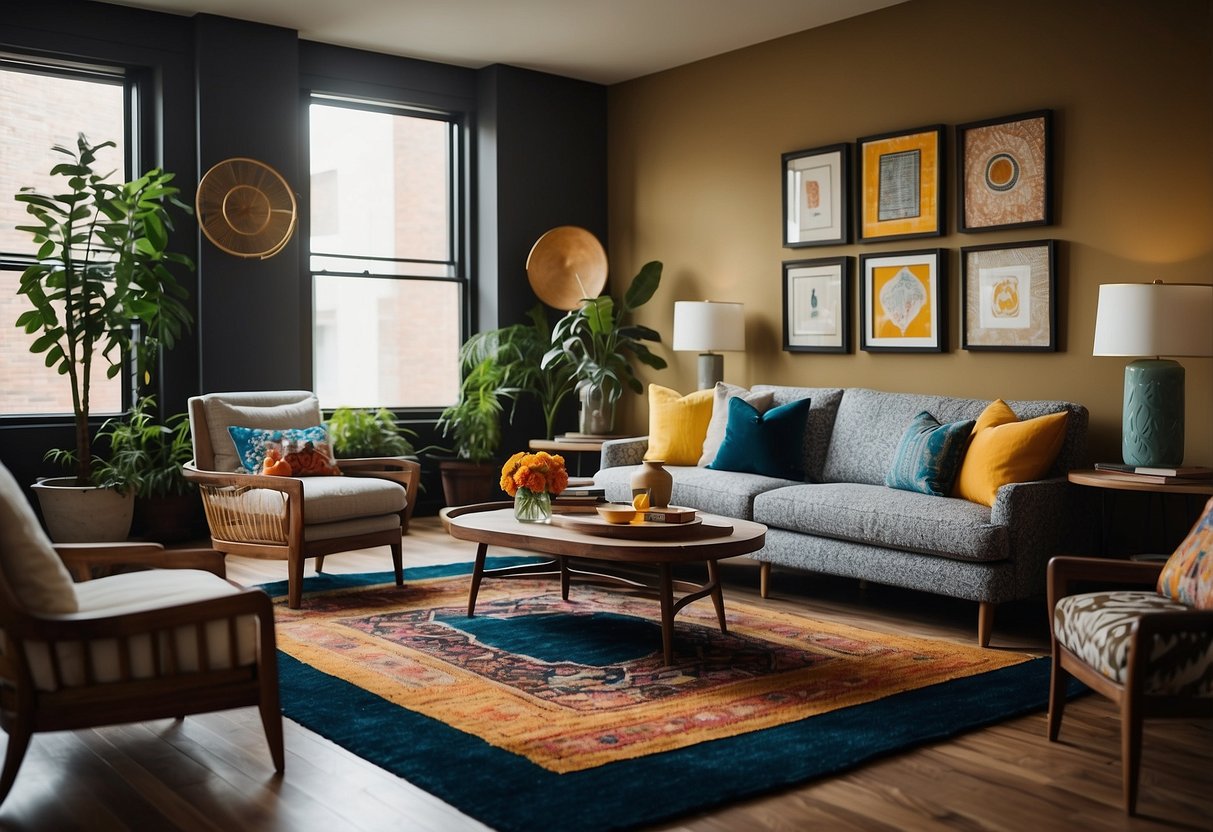 A room with eclectic furniture, mixing bold patterns and textures. A colorful rug, patterned throw pillows, and textured wall art add visual interest