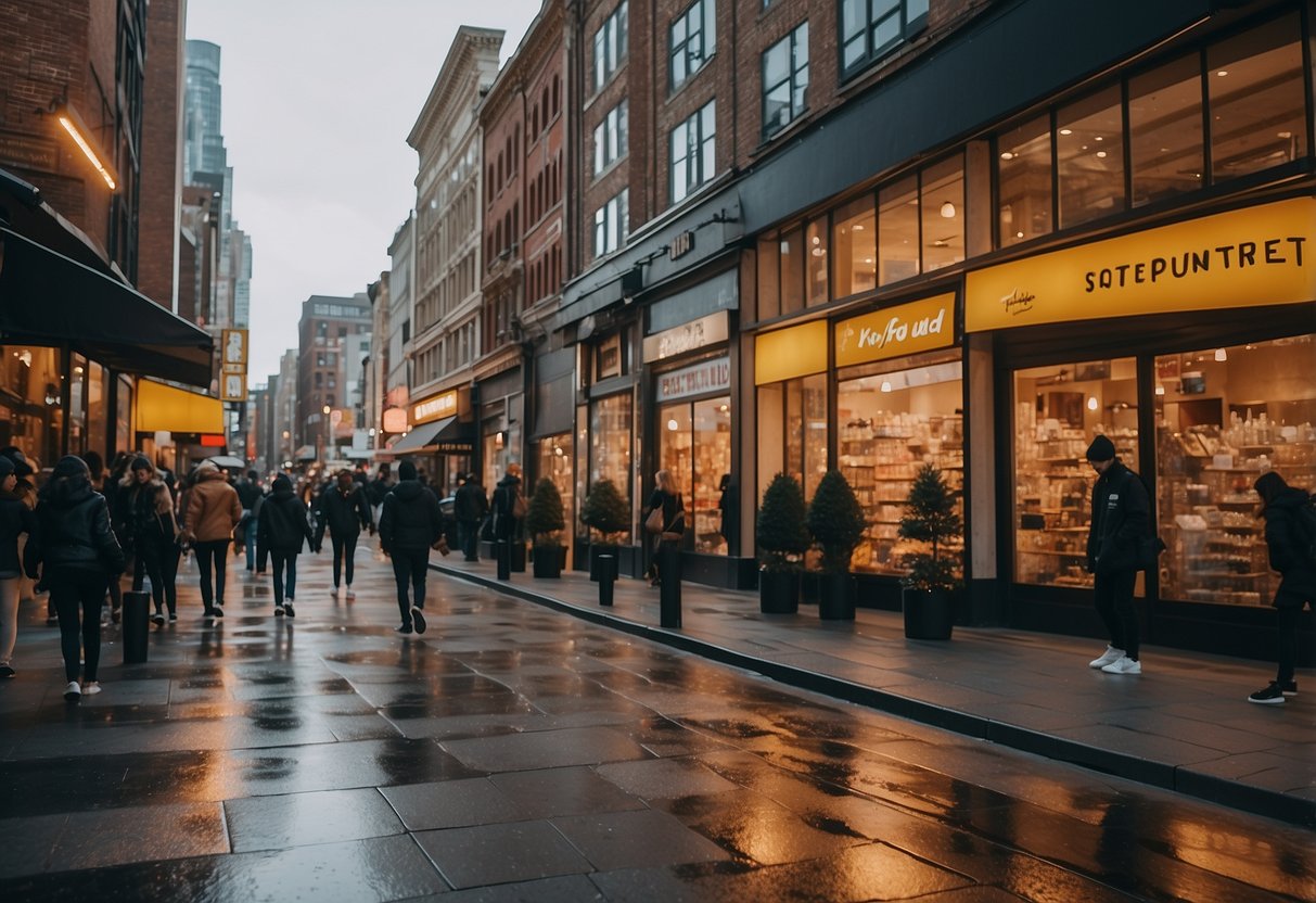 A bustling city street with vibrant storefronts displaying iconic streetwear brands. Trendy youth browsing, while older generations observe the evolution of streetwear from niche to mainstream