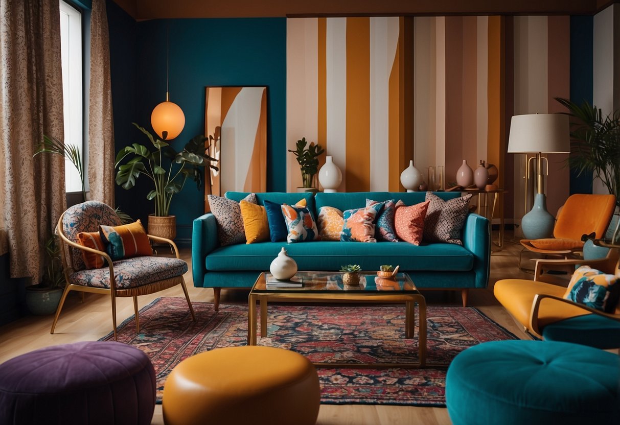 A room with vibrant, patterned textiles and accessories arranged in a stylish yet balanced manner. Bold colors and prints are tastefully incorporated without overwhelming the space