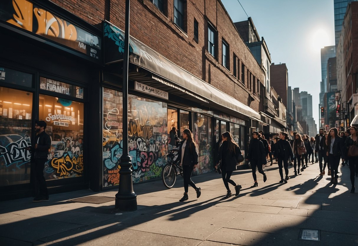 A bustling city street with graffiti-covered walls and trendy storefronts. People walk by, engrossed in their phones, while streetwear brands' logos are prominently displayed on billboards and storefronts