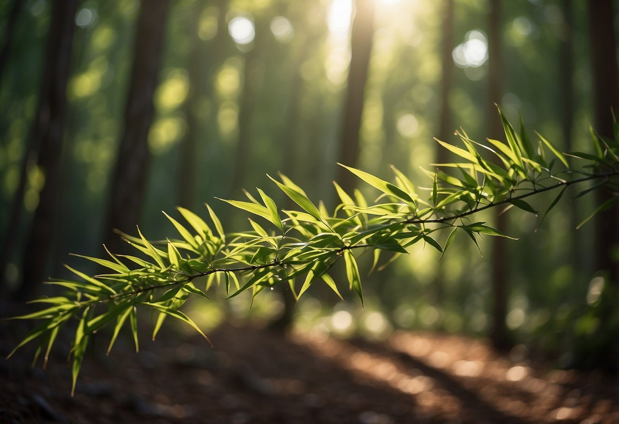 A serene forest with bamboo, organic cotton, hemp, Tencel, and recycled polyester growing from the ground. Sunlight filters through the leaves, casting a gentle glow on the eco-friendly fabrics