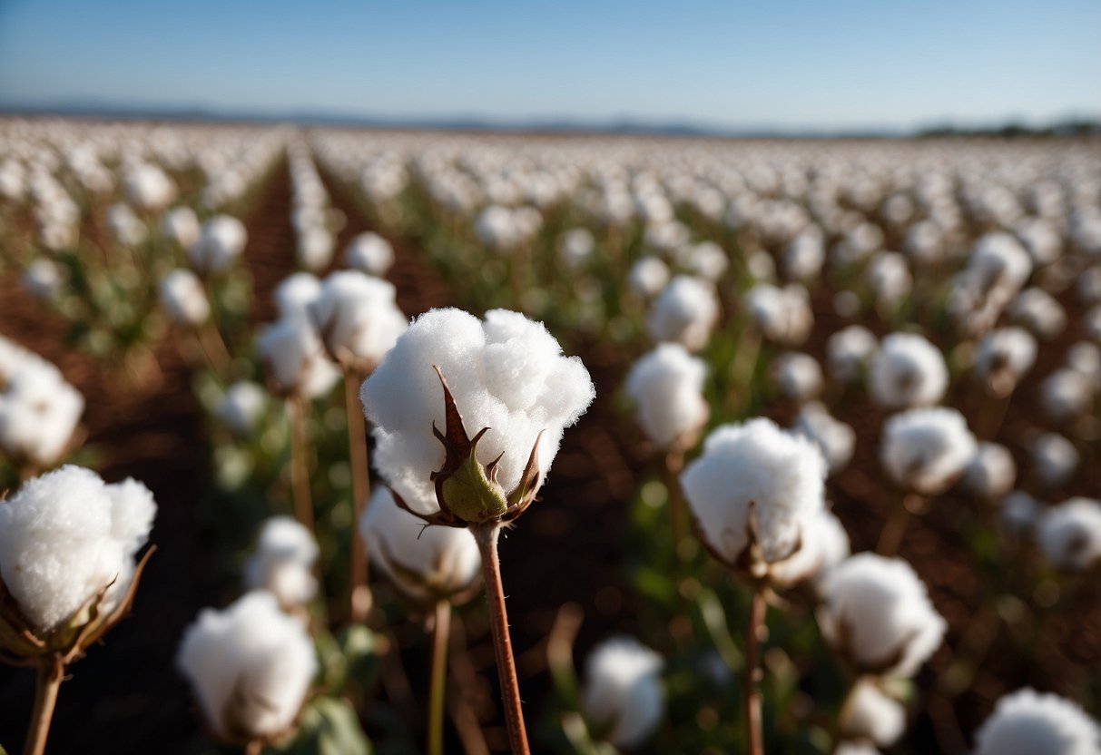 A field of cotton plants swaying in the breeze, with a clear blue sky overhead. The cotton is being harvested by workers using sustainable farming practices