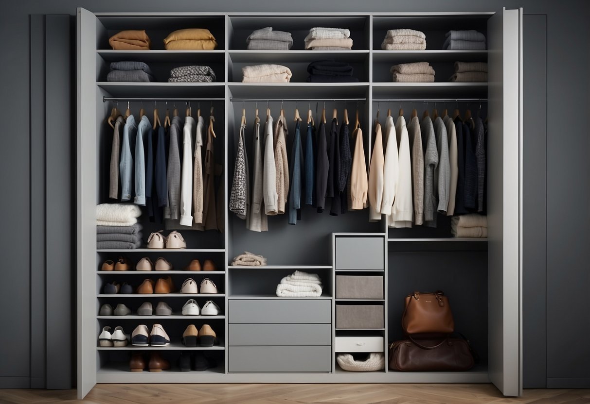 A neatly organized closet with a limited color palette of versatile clothing items neatly folded and hung, representing a minimalist capsule wardrobe