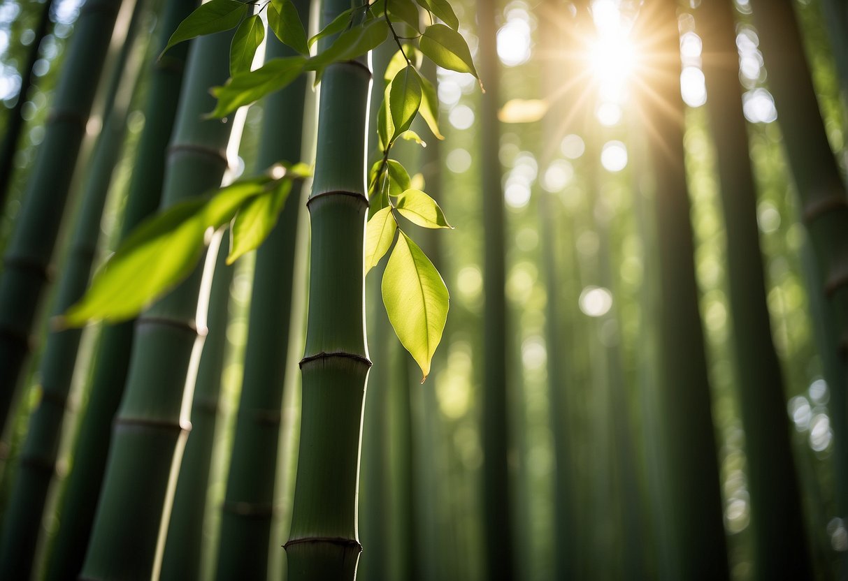 A serene bamboo forest with sunlight filtering through the leaves, showcasing the natural beauty of Bamboo Lyocell fabric