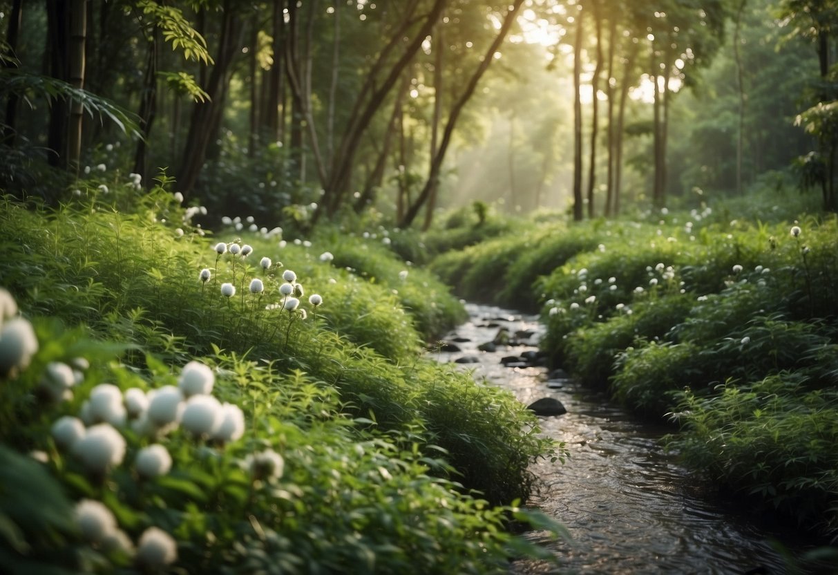 A lush forest with cotton, hemp, bamboo, soy, and linen growing. A clear stream runs through, reflecting the eco-friendly fabrics