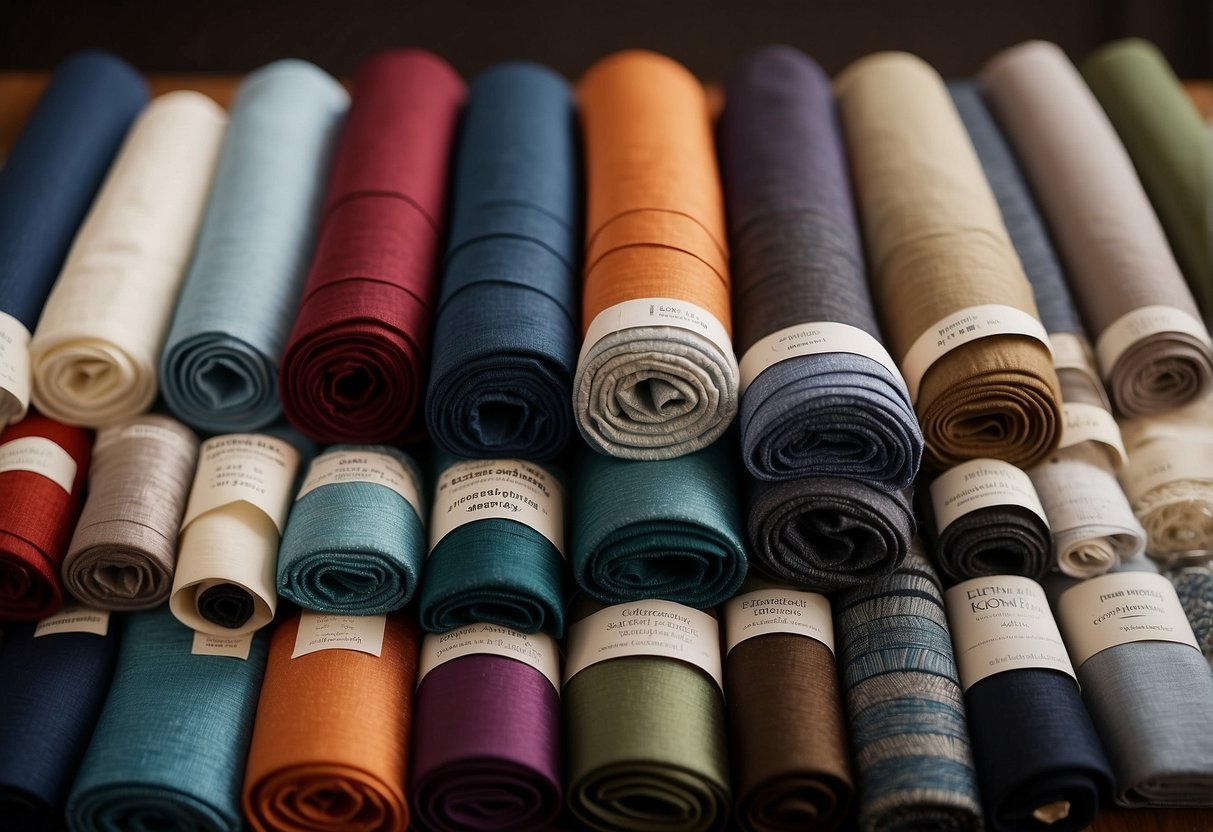 A collection of fabric certifications and eco-friendly fabrics arranged on a table, with labels and logos clearly visible