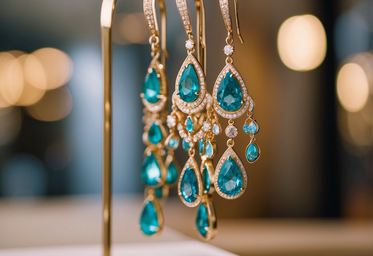 A close-up of sparkling chandelier earrings by Kendra Scott, dangling from a display stand, surrounded by other top statement accessories for 2024