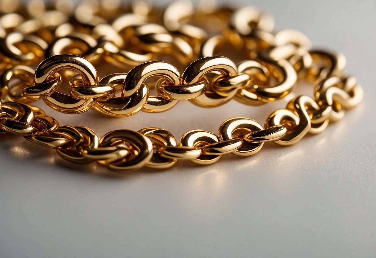 A close-up of a layered gold chain by Mejuri, with intricate links and a polished finish, set against a simple background