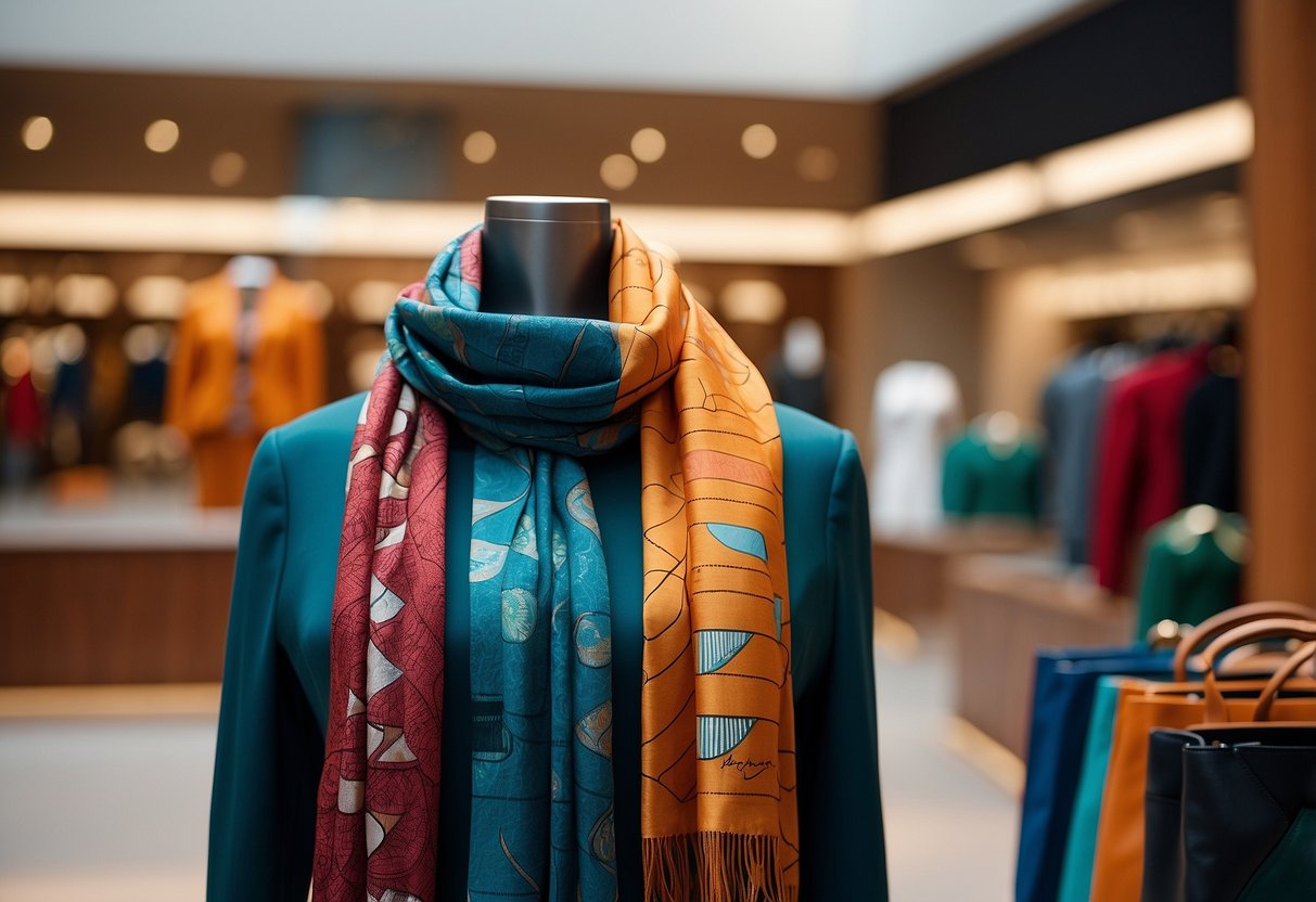 A vibrant geometric print scarf by Hermès lies draped over a sleek, modern display stand, surrounded by other stylish accessories