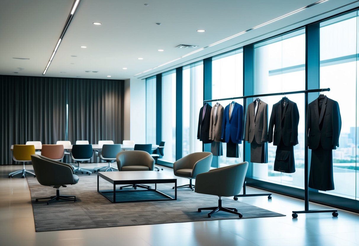 A modern office setting with sleek, minimalist furniture and a rack of power suits in various colors and styles on display