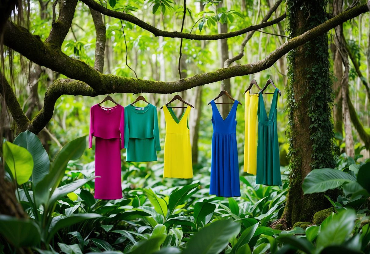 A lush, vibrant forest with elegant, eco-friendly fashion items hanging from tree branches, surrounded by ethically sourced materials and sustainable production processes