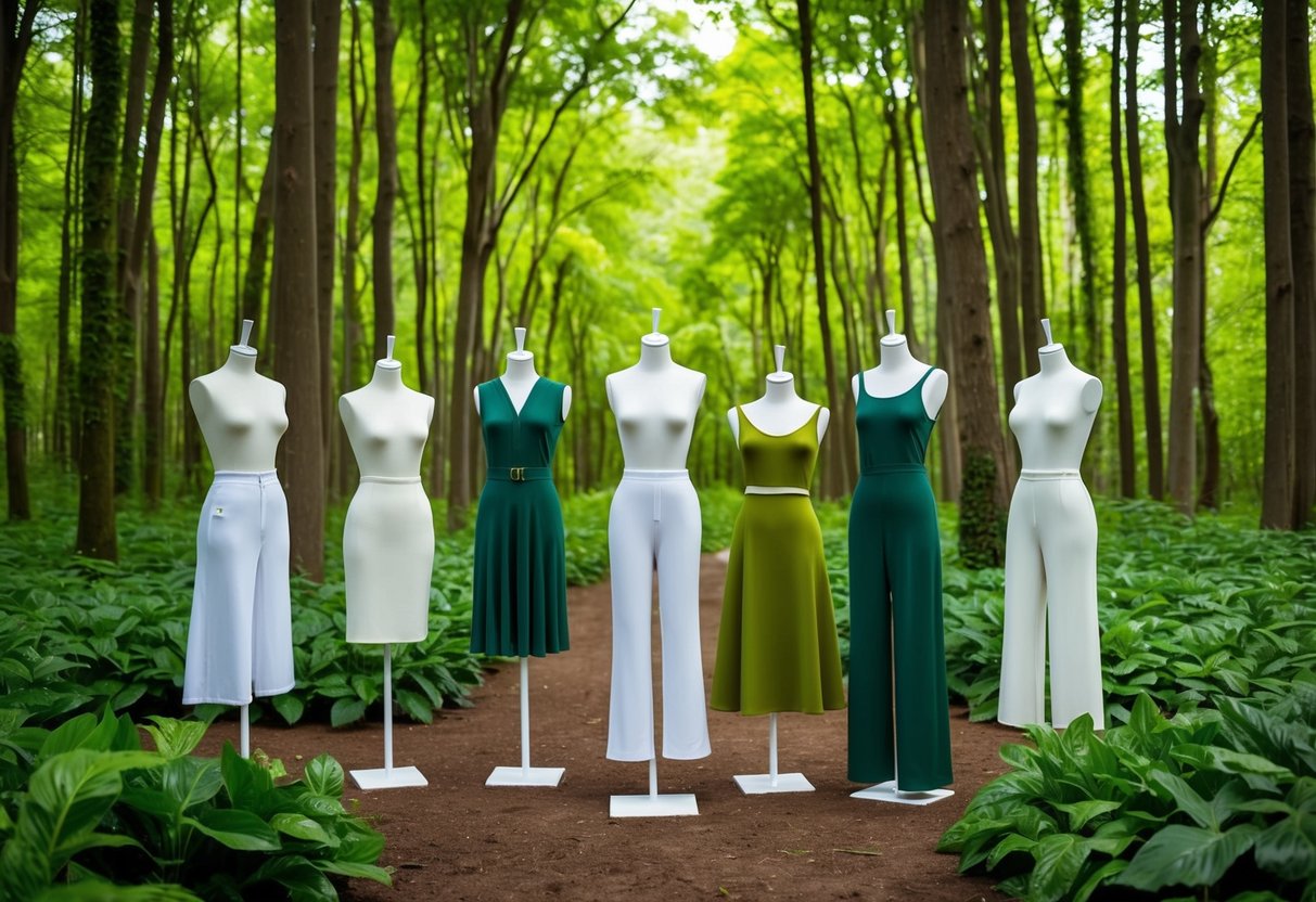 A lush, green forest with elegant, eco-friendly fashion brands showcased on sustainable, modern mannequins