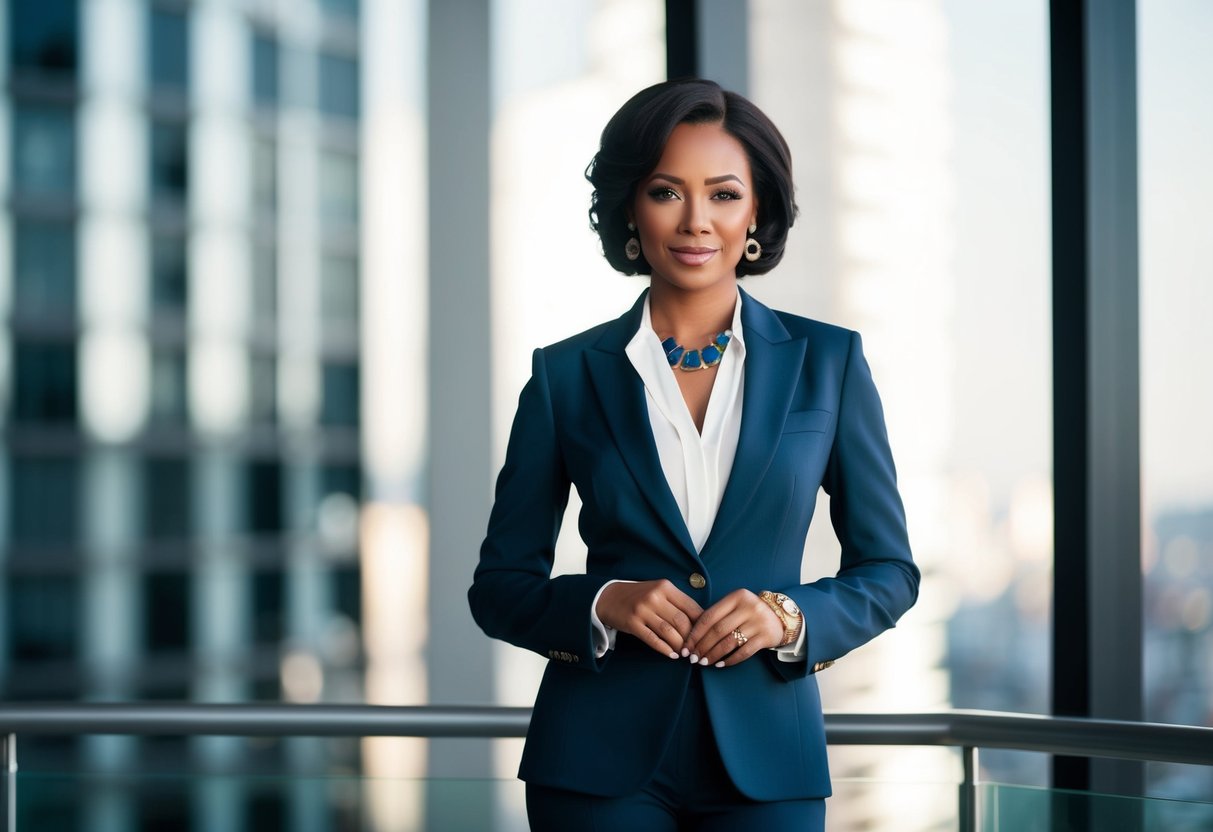 A modern professional woman standing confidently in a sleek power suit, layered with a stylish blouse and accessorized with bold jewelry