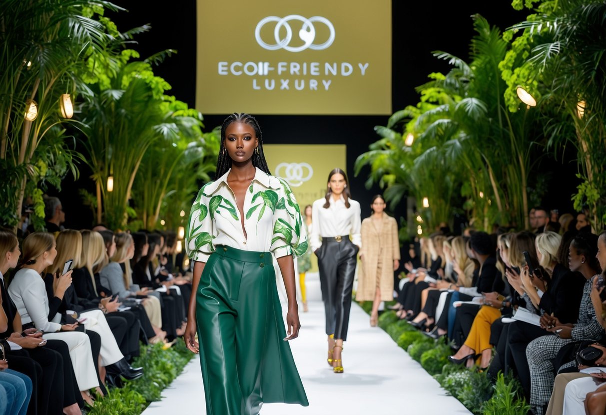 A high-end fashion show with eco-friendly luxury brands showcased on a runway, surrounded by lush greenery and sustainable design elements