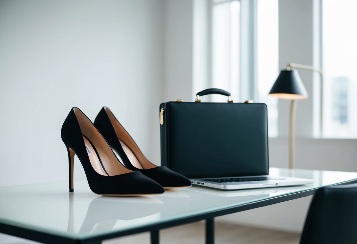 A sleek pair of high-heeled pumps next to a modern power suit, with a stylish briefcase and a laptop on a clean, minimalist desk