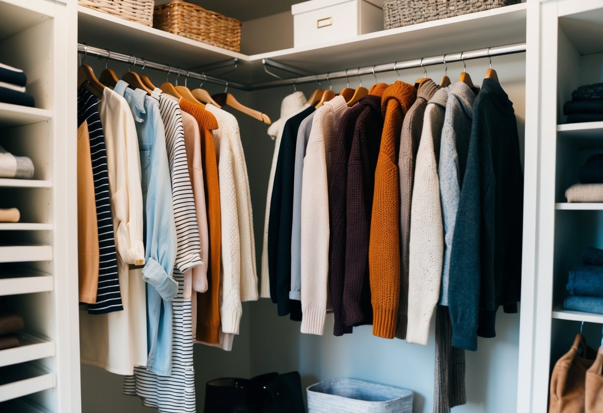 A closet with light summer clothes on one side and cozy fall sweaters and jackets on the other, with a few transitional pieces in the middle