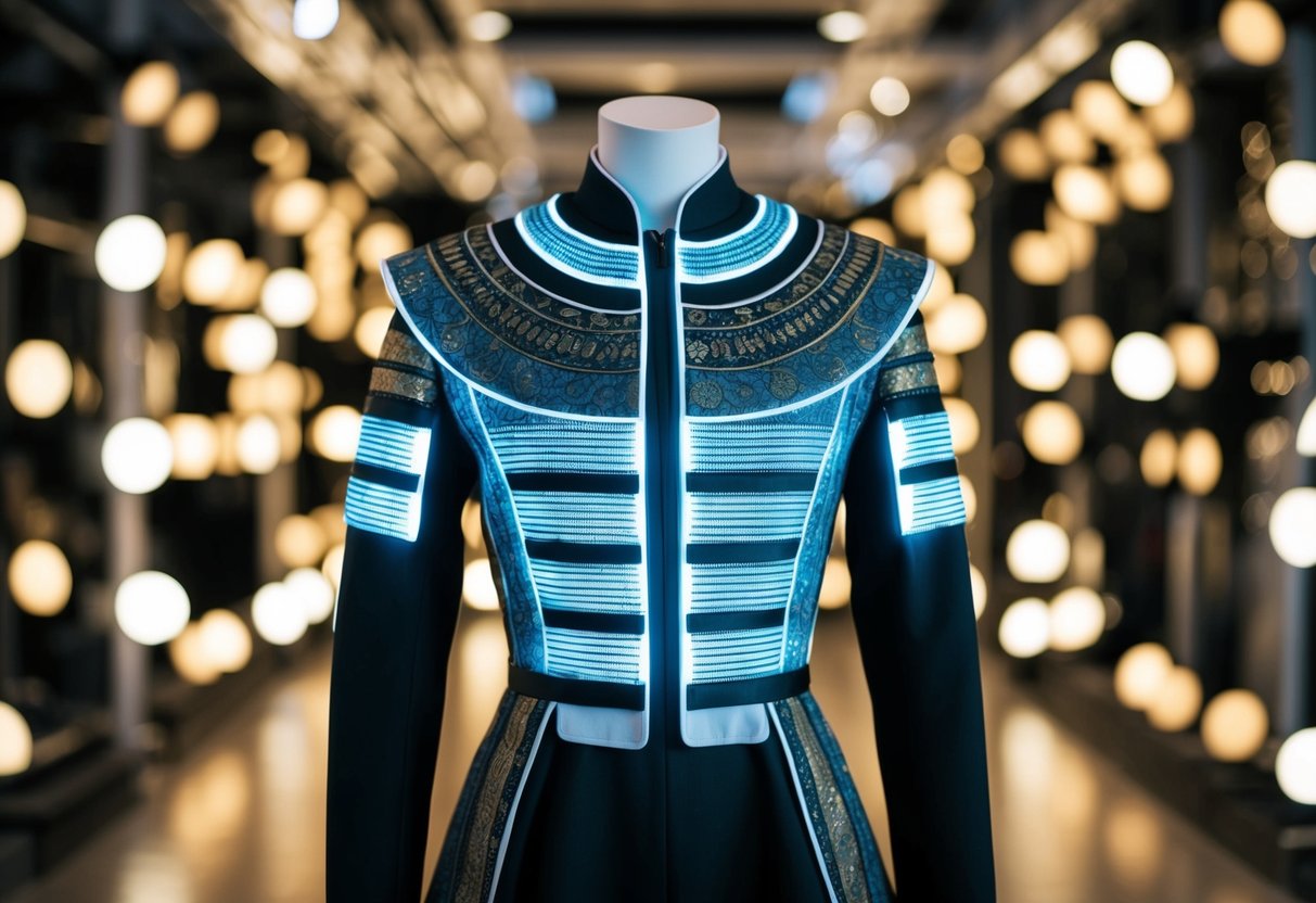 A futuristic garment made of traditional textiles and integrated with glowing technology, merging old and new