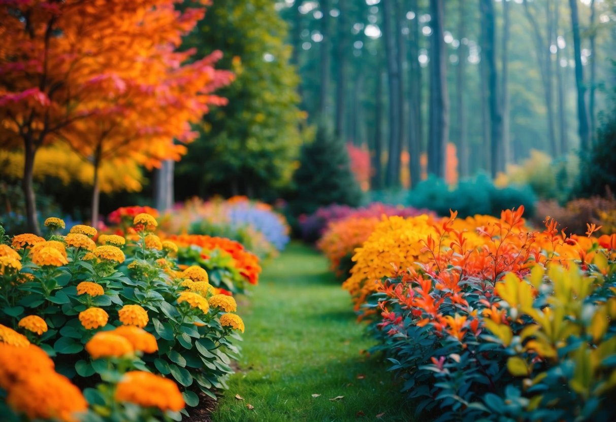 A vibrant summer garden fading into a cozy autumn forest, with warm oranges and reds blending into cool blues and greens