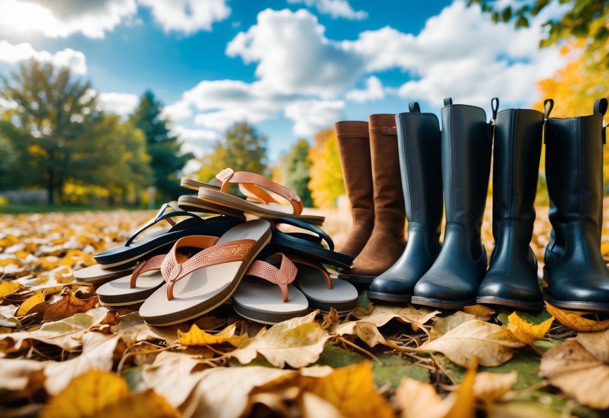 A pile of sandals and flip-flops sits next to a row of boots and closed-toe shoes, surrounded by fallen leaves and a mix of sunny and cloudy skies